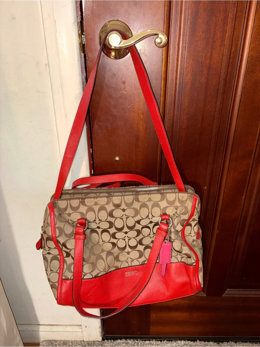 Coach Brown Signature Canvas Shoulder Bag with orange/red Trim